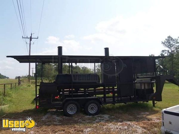 Used 24' Open Covered BBQ Pit Gooseneck Smoker Tailgating Trailer